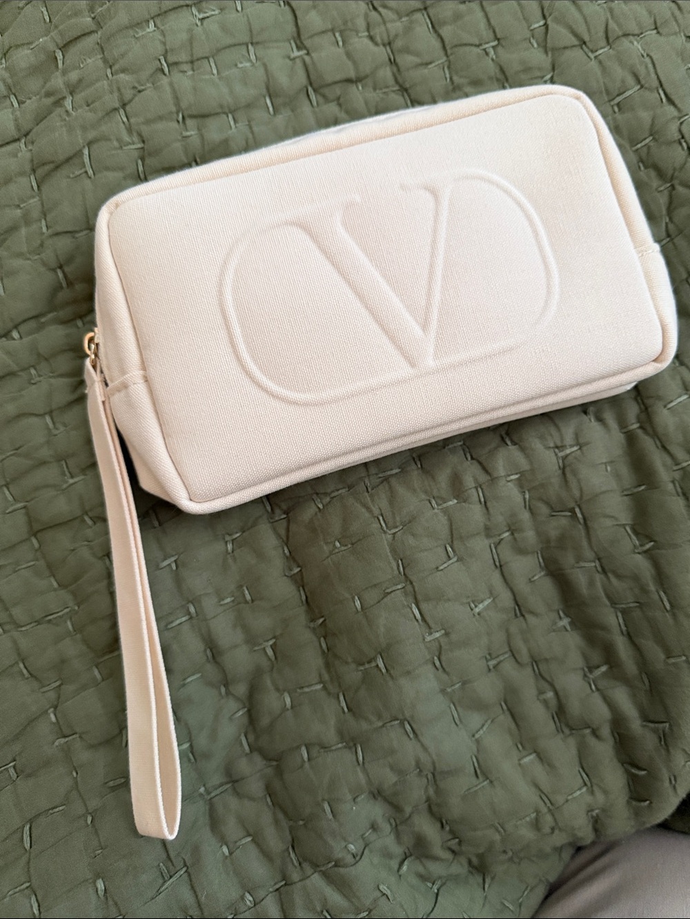 Valentino Light Beige Embossed V Wristlet Clutch